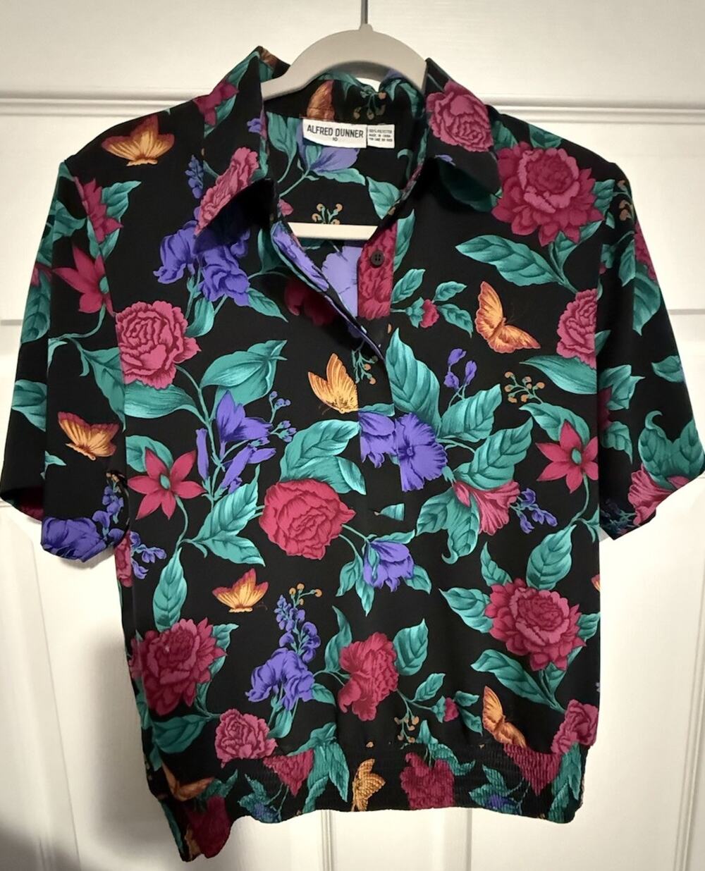 Vintage Alfred Dunner Floral Butterfly Blouse 10 Black Jewel Tone 90s